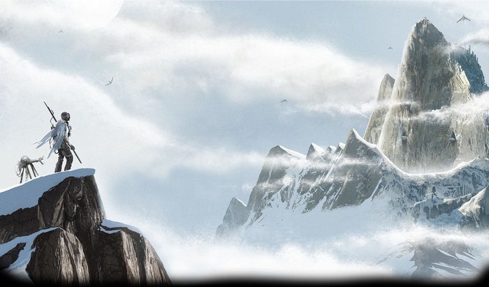 A lone figure and robot on a snowy mountain peak