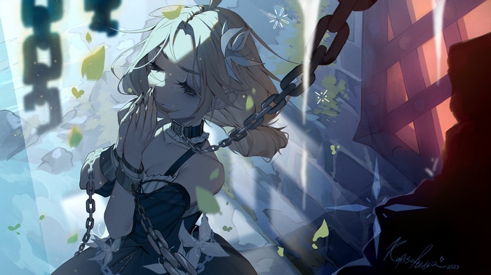 Girl in chains with flowers and leaves