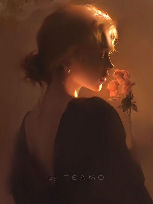 Painting of a woman smelling a rose by TEAMO