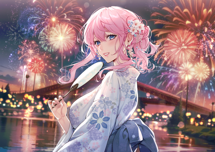 Girl in Kimono with Pink Hair and Fireworks