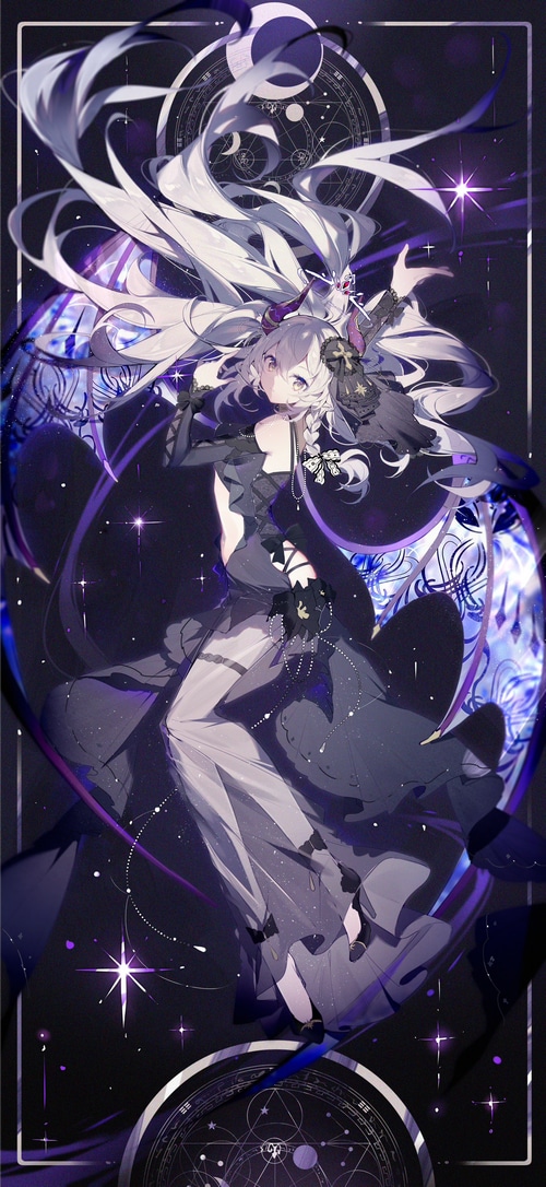 Girl with white hair and horns in starry night