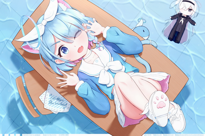 Arona from Blue Archive lying on a wooden board in water