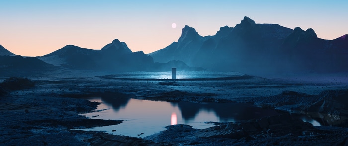 4K Ultrawide Surreal Landscape with Monolith and Mountains
