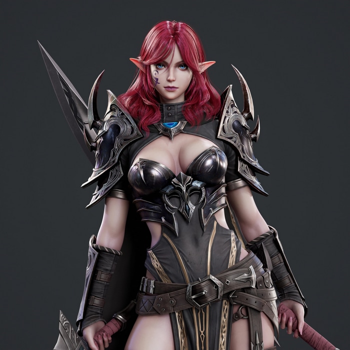Elf warrior with red hair and armor