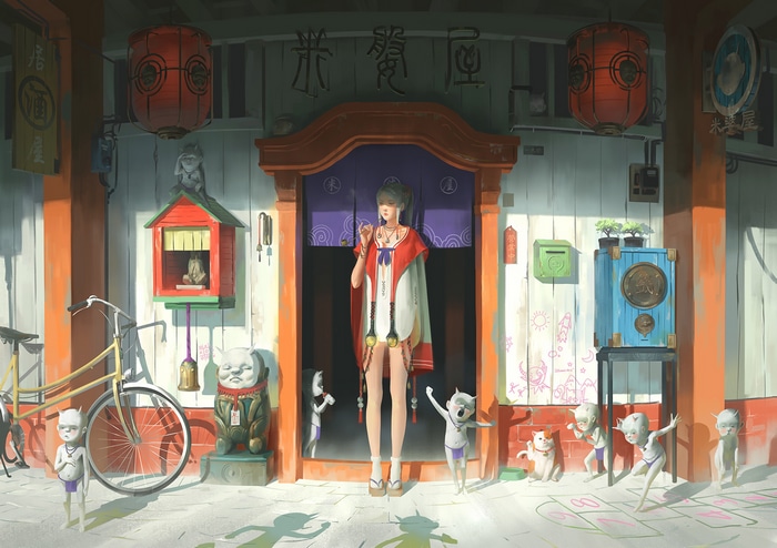 Woman smoking in doorway with creatures and bicycle