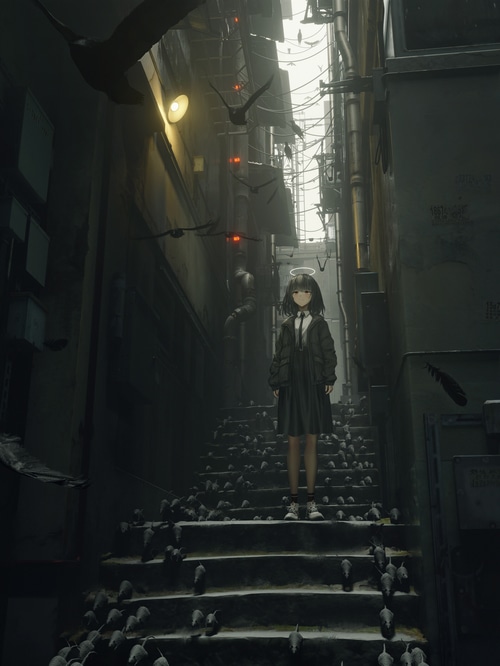 Girl with halo standing on stairs with rats and birds
