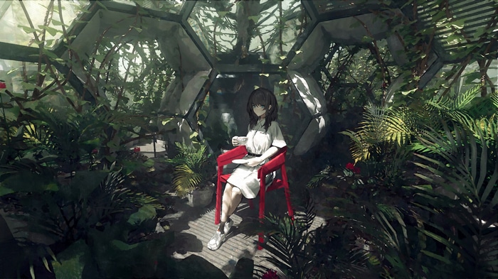 Girl in a greenhouse with plants and a chair