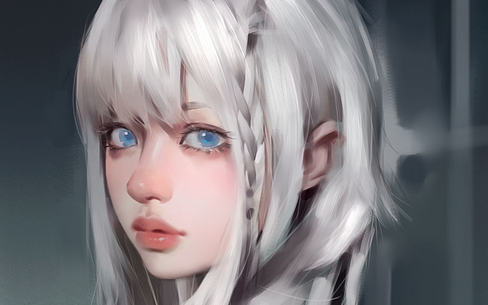 Woman with white hair and blue eyes
