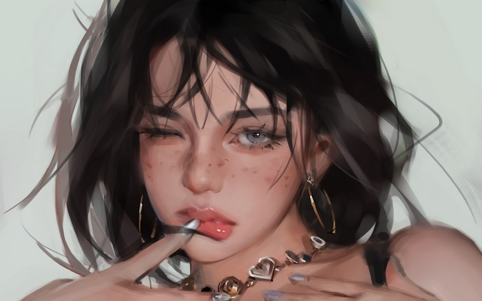 Woman with juicy lips and one eye closed