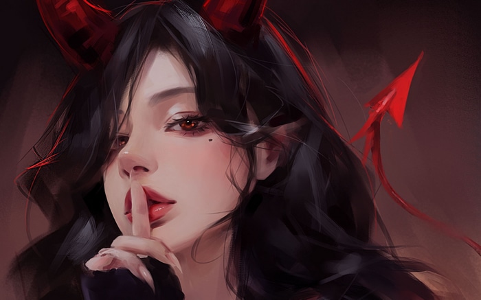 Demon Girl with Red Horns and Tail