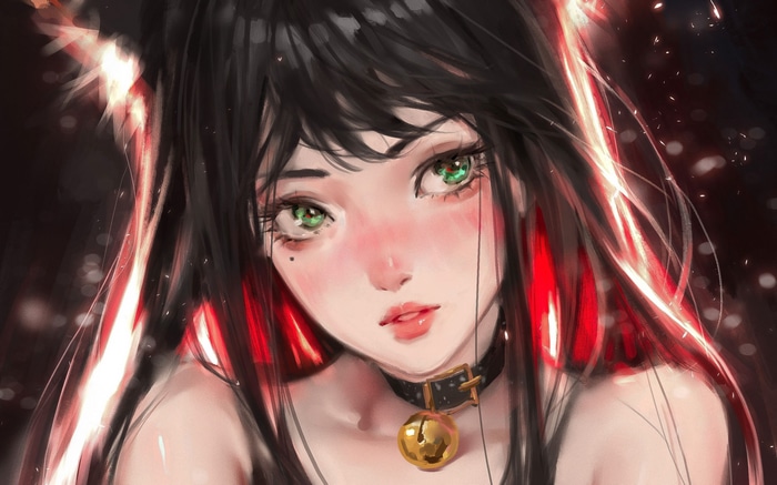 Artwork of a woman with black hair and green eyes