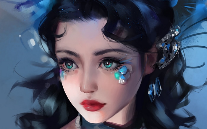 Artwork of a woman with blue butterfly decorations