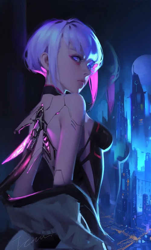 Lucy from Cyberpunk: Edgerunners in a futuristic city
