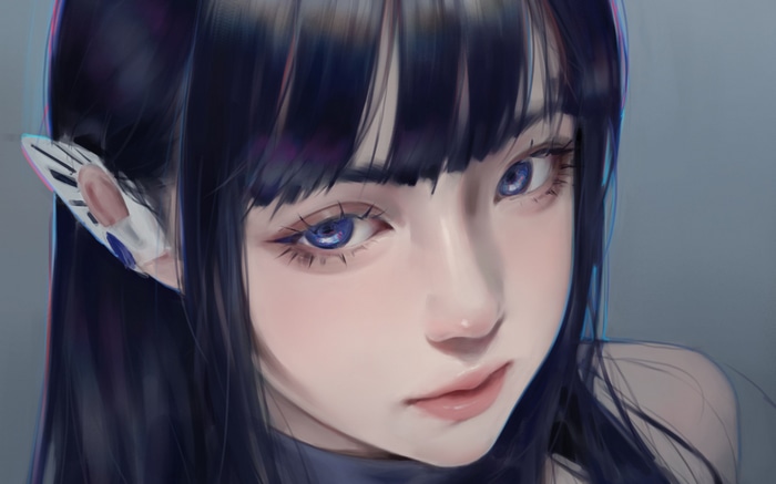 Woman with pointy ears and blue eyes