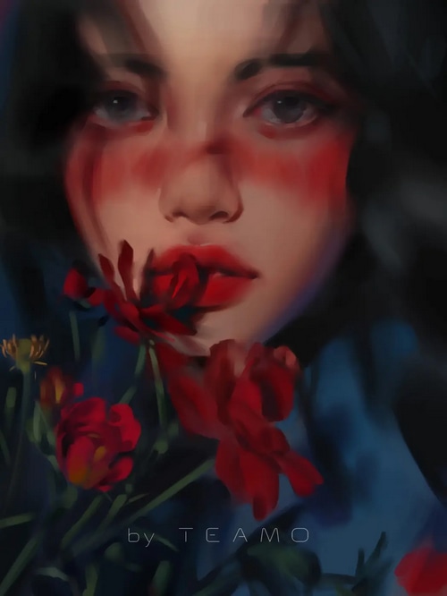Artwork by TEAMO featuring a woman with red face paint and flowers