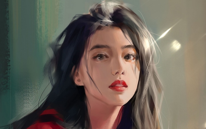 Asian woman with dark hair and red lipstick