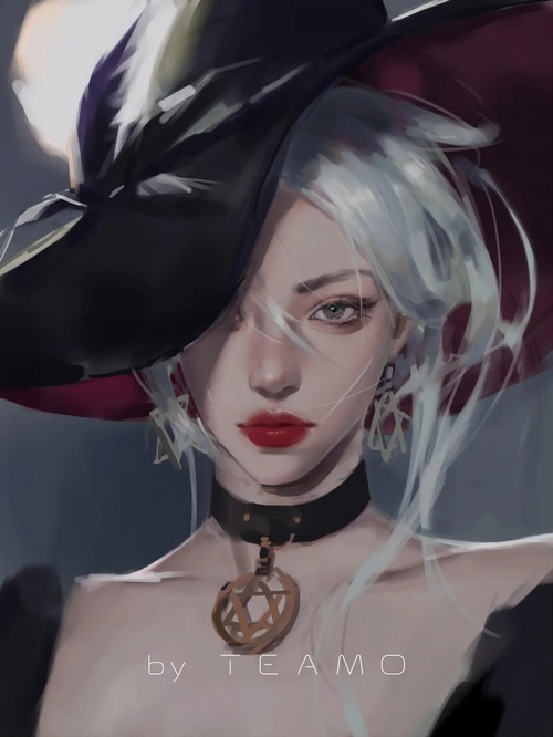 Artwork of a woman with a hat and choker by TEAMO