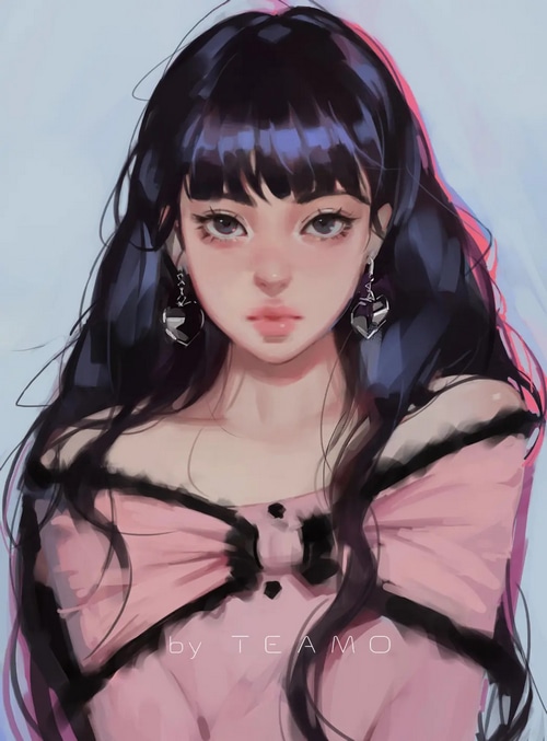 TEAMO illustration of a woman with black hair and earrings