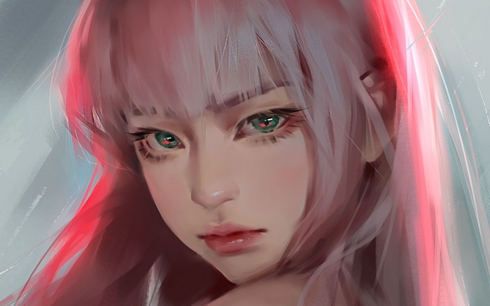 Woman with pink hair and green eyes
