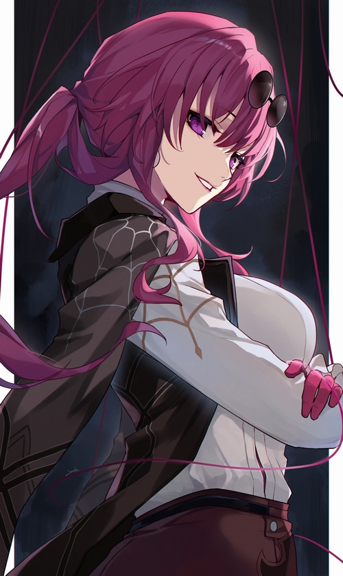 Kafka from Honkai: Star Rail with purple hair and eyes