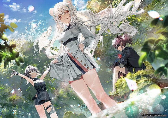 Arknights characters La Pluma, Rosa, and Yato in water