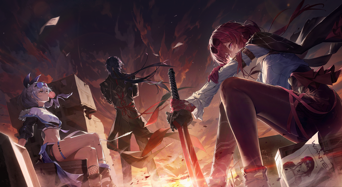 Honkai: Star Rail characters Kafka, Bronya, and Blade in a sunset.