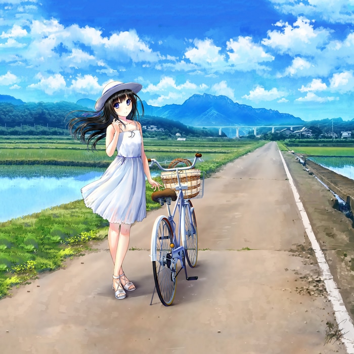 Girl in white dress with a bicycle on a country road