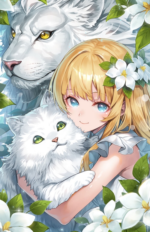 Girl hugging a white cat with a white lion behind