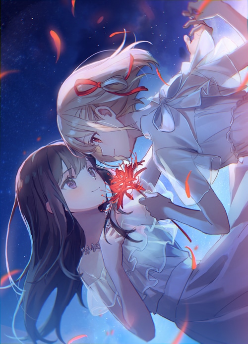 Lycoris Recoil fan art of two women with a flower