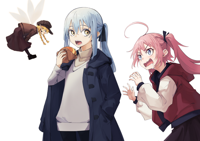 Rimuru Tempest, Milim Nava, and Ramiris eating