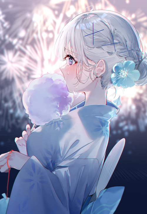 Anime girl in kimono eating cotton candy with fireworks