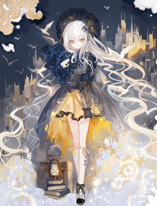 Anime girl with white hair and yellow eyes holding blue roses