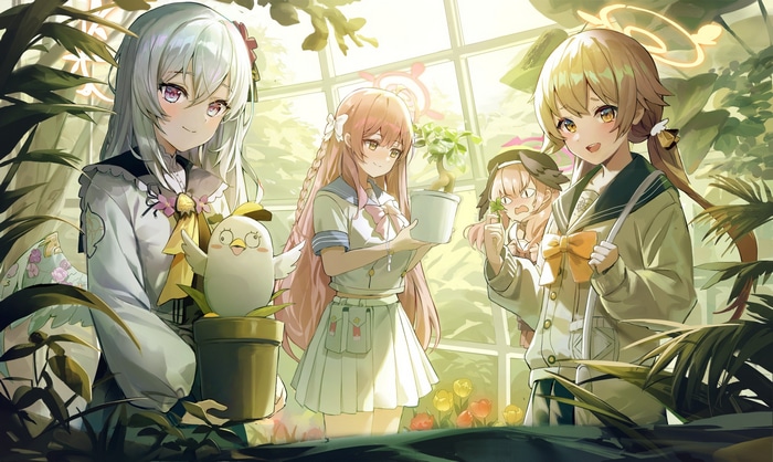 Blue Archive girls tending to plants in a greenhouse