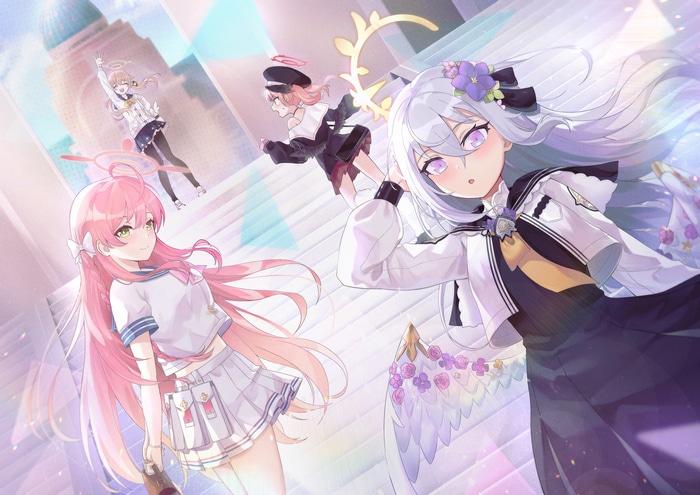 Blue Archive characters on stairs with wings and halos