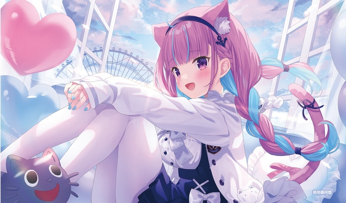 Minato Aqua with cat ears and braids, near a window
