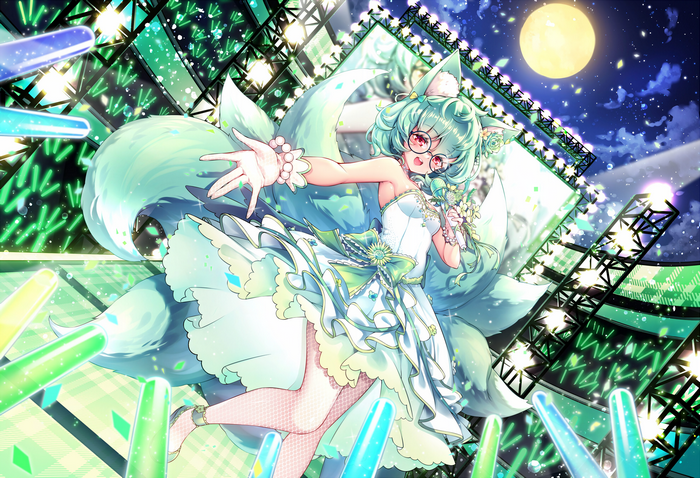 Fox girl singing on stage with moon in the background