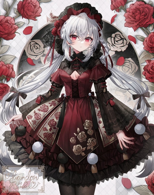 Anime girl with white hair and red eyes in a gothic lolita dress