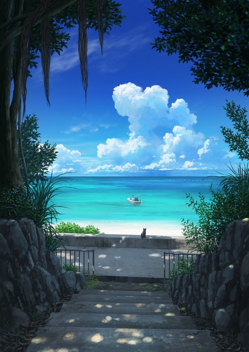 Black cat on a beach with a boat in the sea