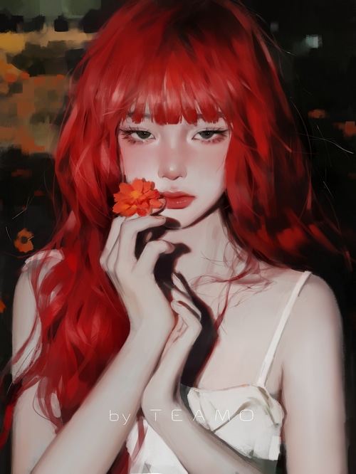 Painting of a woman with red hair holding a flower