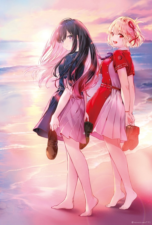 Lycoris Recoil: Chisato and Takina on the Beach at Sunset