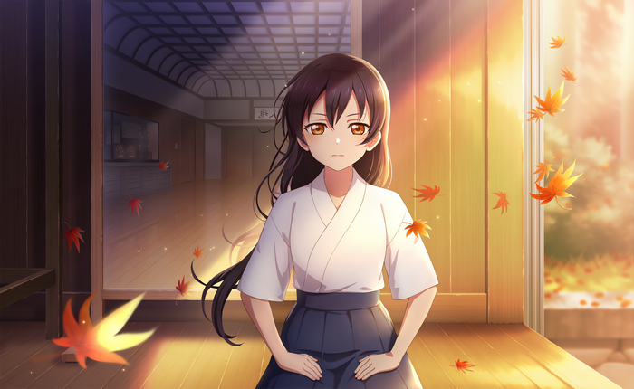 Sonoda Umi in Japanese attire with falling leaves
