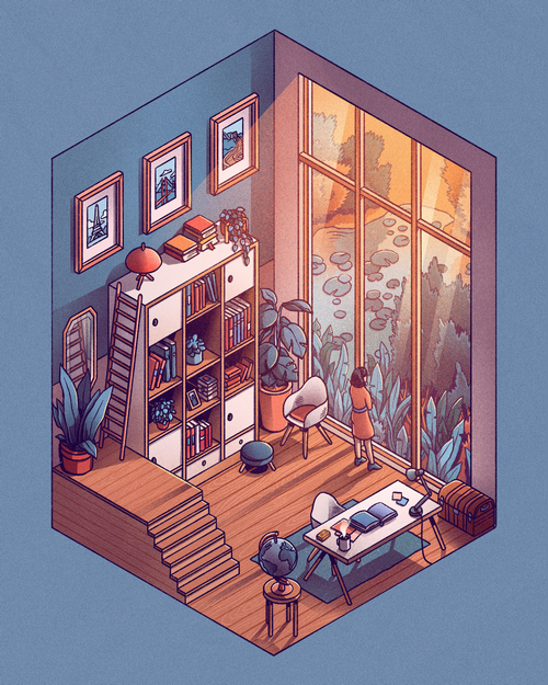 Isometric room with plants and a large window