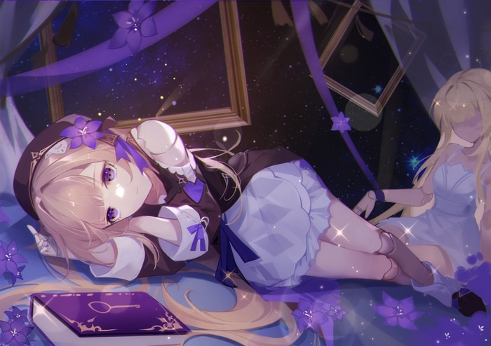 Girl with blonde hair and purple eyes lying down