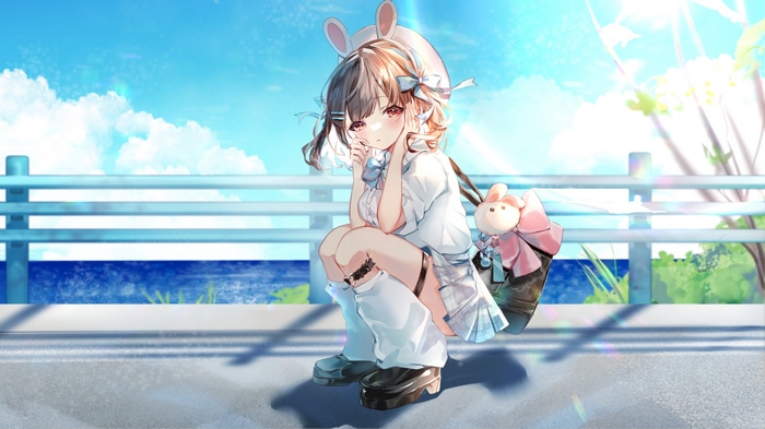 4K anime girl with bunny ears by the sea