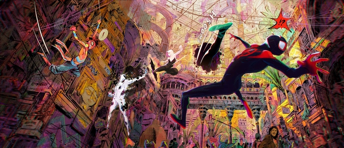 Spider-Verse Characters Swinging Through a Colorful City
