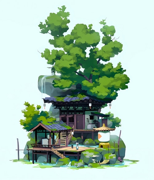 The Legend of Luo Xiaohei: A tranquil scene with a house and waterfall
