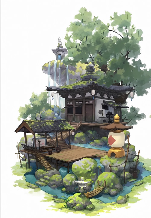 Japanese temple with waterfall and lush greenery