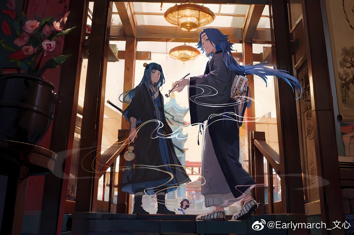 Anime boys with pipes in traditional Japanese setting