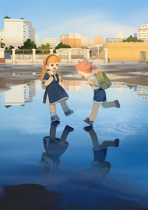 Anime girls with backpacks running through puddles