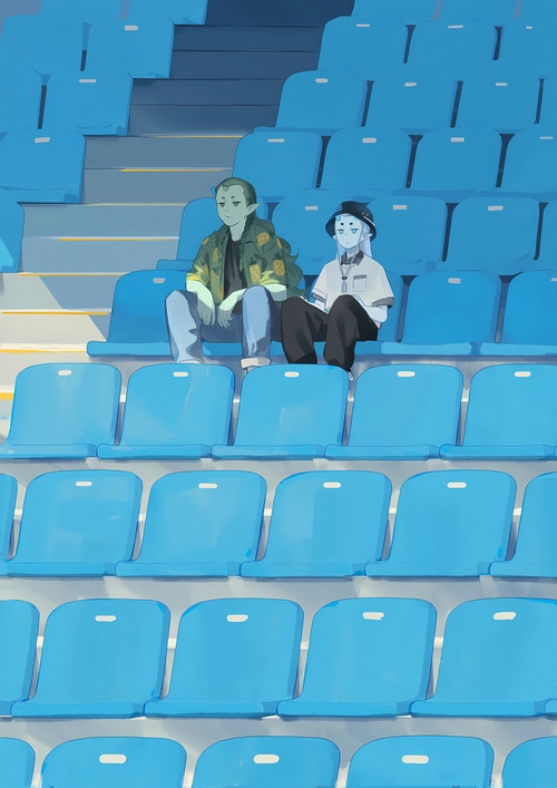 Dong fang Project anime boys sitting in stadium seats
